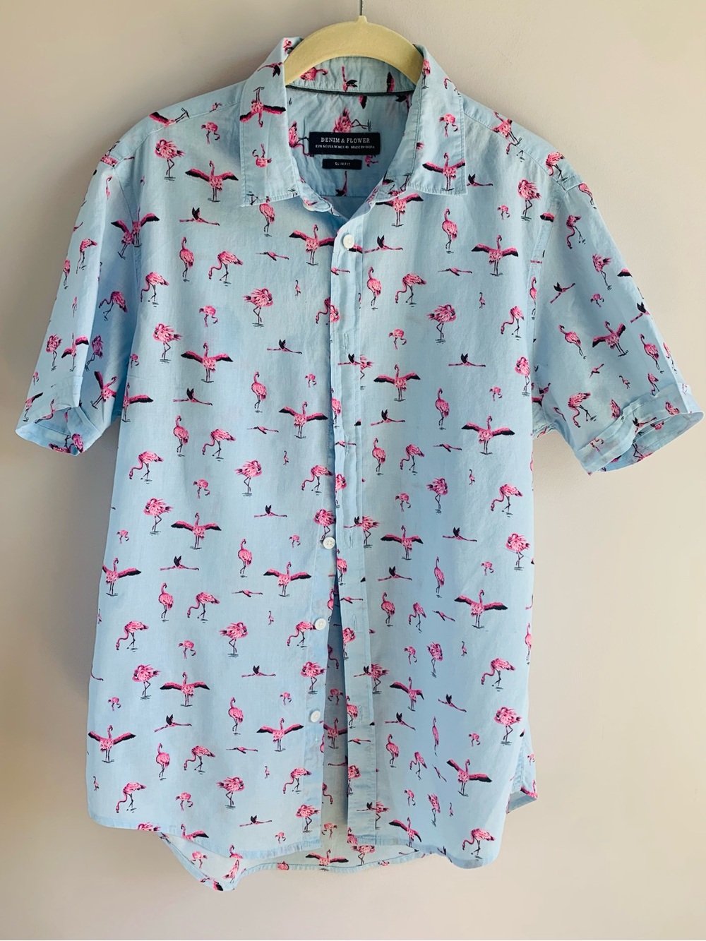 Flamingo Shirt Blue Pink Denim & Flower Cotton Slim Fit Vacation Beach Fun EUC M